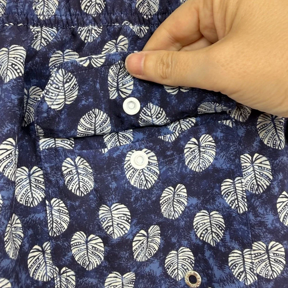 Peter Millar Swim Trunks Mens XL Navy Blue Monstera Leaf Seaside Mesh Lined 8in